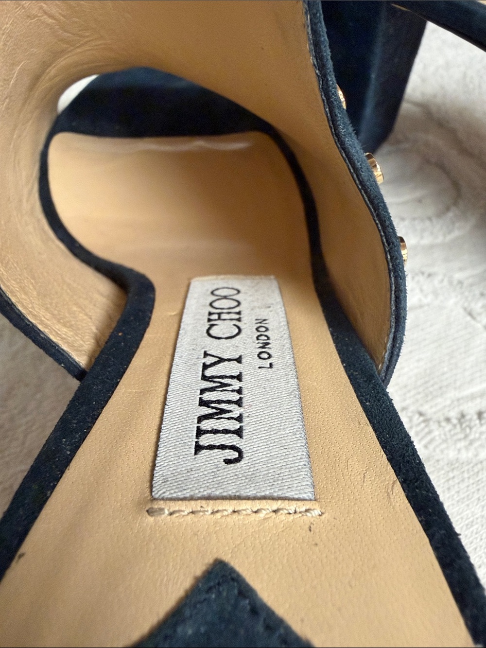 Jimmy Choo Navy Suede Gold-Stud Slide Mules - Picture 6 of 7